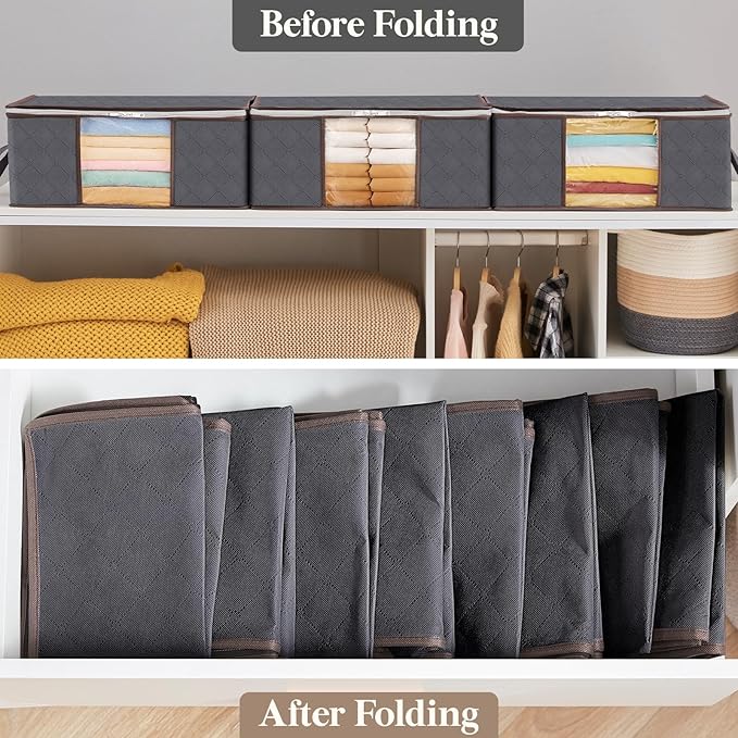 Lifewit 8 Pack Clothes Storage Bag, Foldable Storage Bin Closet Organizer with Reinforced Handle, Sturdy Fabric Blanket Storage with Clear Window, Storage Containers for Clothing, Bedding, Gray