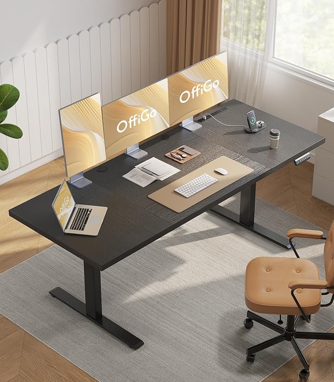 OffiGo 79 Inch Executive Electric Standing Desk, Height Adjustable Desk with Power Outlet & 1.38" Thick 3-Piece Desktop, Sit Stand Computer Desk for Home, Office, Conference Room, Black