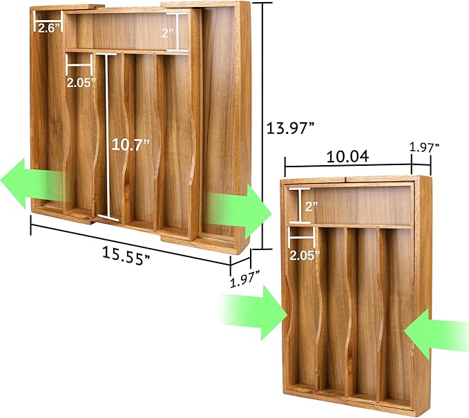 oridom Expandable Acacia Kitchen Drawer Organizer for Cutlery and Utensils, Adjustable Acacia Wood Cutlery Tray in Drawer for Flatware and Silverware in Kitchen