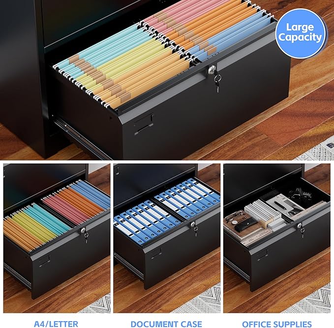 4 Drawer Lateral File Cabinet, Metal Wide Filing Cabinet with Independent Locks, Home Office Furniture for Hanging Files Letter/Legal/F4/A4 Size, Assembly Required, Black