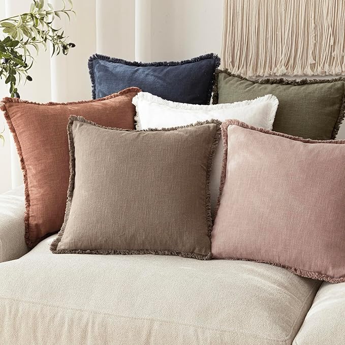 Foindtower Set of 2 Decorative Linen Fringe Throw Pillow Covers Cozy Boho Farmhouse Cushion Cover with Tassels Accent Pillowcase for Couch Sofa Bed Living Room Home Decor,26×26 Inch,Dusty Pink