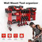 Power Tool Organizer Wall Mount with Charging Station, Heavy Duty Metal Cordless Drill Holder, Garage Tool Storage Battery Rack with 8 Outlet, Gift for Men Husband Dad Birthday Anniversary Red