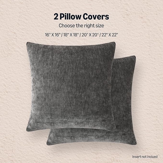 Amazon Basics Chenille Throw Pillow Covers, Home Decor Cushion Cover for Bedroom Living Room Couch Bed, 22" W × 22" L, Dark Gray