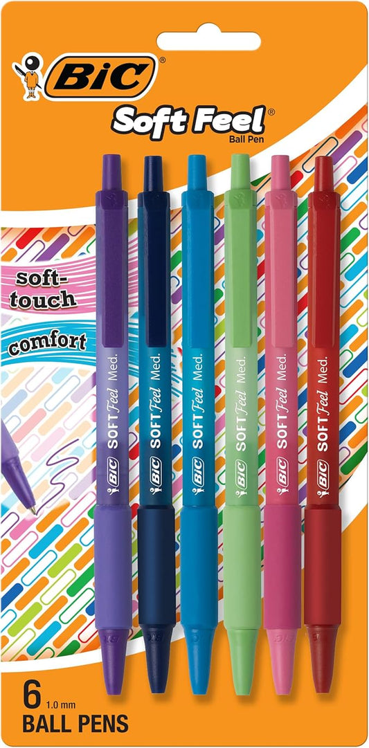 BIC Soft Feel Assorted colors Retractable Ballpoint Pen, 1.0 mm Medium Point with No-Slip Grip, 6-Count Pack in Assorted Ink