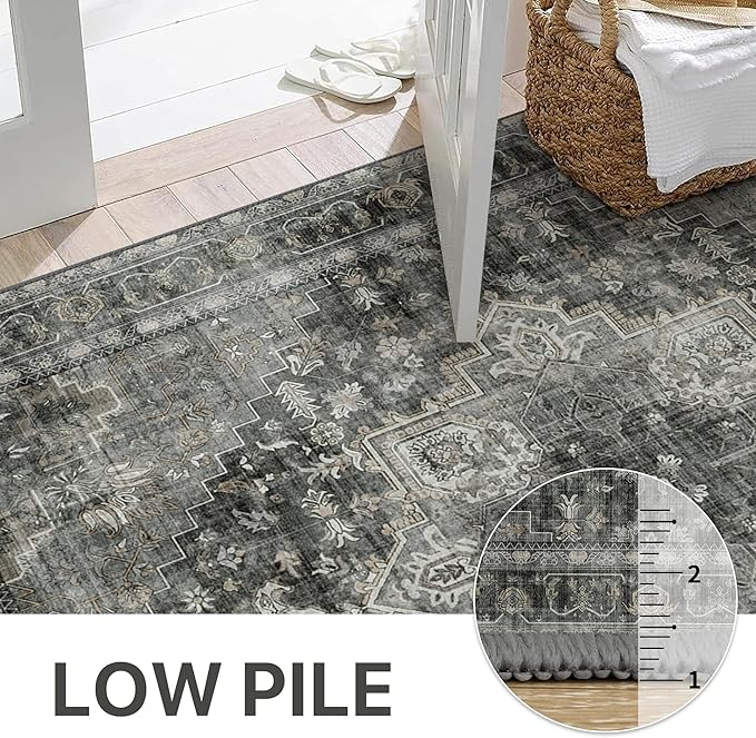 GENIMO 2x12 Runner Rugs for Hallway, Machine Washable Non Slip Vintage Rugs, Low Pile Lightweight Soft Print Rug for enrtyway, Corridor, Home Office, Kitchen, Charcoal Gray
