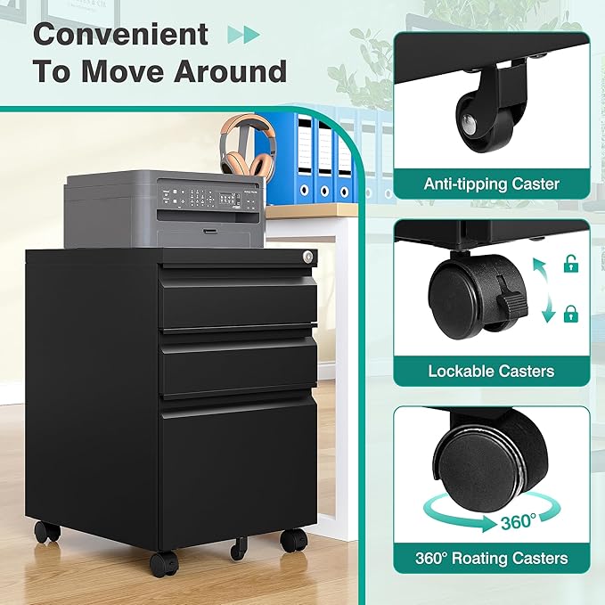 3 Drawer File Cabinet with Lock,Under Desk File Cabinet with Wheels,Black Rolling Filing Cabinets,Three Drawer Metal Filing Cabinet for Home Office,Fit A4/Letter/Legal File,- Assembly Required