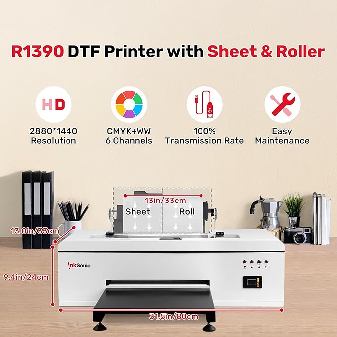 InkSonic R1390 DTF Printer Machine, A3 T shirt printing Machine With Laptop, 13" Format DTF Printer Bundles, Direct to Film Heat Transfer, T-Shirt Maker for Clothes Design, White Ink Circulation
