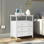 Edbuosy 3 Wooden Drawers Nightstand, 27 Inch Wide Night Stand Set 2 with Charging Station and Adjustable Drawers, Small Dresser for Closet, Bedside Table for Living Room/Bedroom/Office, White.