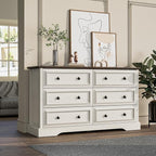 VVFLU Farmhouse 6 Drawer Dresser for Bedroom, 54" Wide Wood Dresser with Natural Texture, Rustic Chest of Drawers for Bedroom with Vintage Metal Hands, for Living Room, Hallway, Antique White