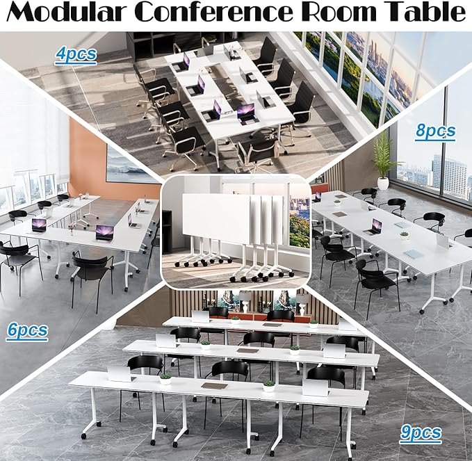 Conference Table Flip Top Mobile Conference Room Tables,Folding Conference Table with Wheels,Large Meeting Training Seminar Table Saving Space for Office Classroom (10, White, 61'')