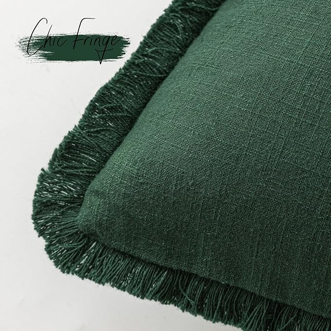 Foindtower Set of 2 Decorative Linen Fringe Throw Pillow Covers Cozy Boho Farmhouse Cushion Cover with Tassels Soft Accent Pillowcase for Couch Sofa Bed Living Room Home Decor, 26×26 Inch, Pine Green