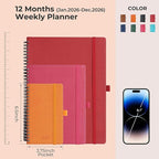 IN-LUXPRO Planner 2026 Daily Weekly and Monthly,6.5"x3.75",12 Months Spiral Bound Calendar Agenda with Self-adhesive Pen Holder,2026 Appointment Book with Vegan Leather Soft Cover,Red