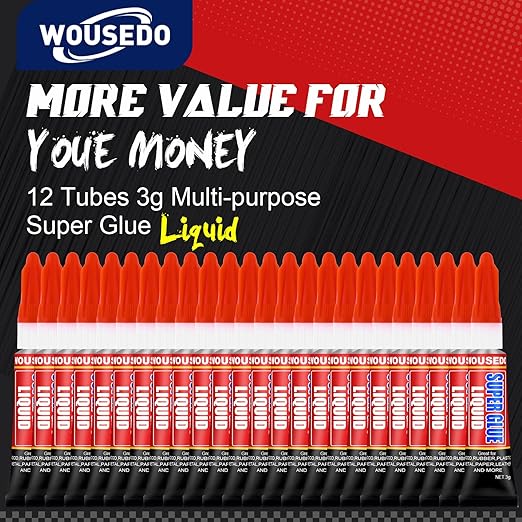 WOUSEDO 12 X 3g Super Glue Liquid, Clear Strong Adhesive,Fast Drying Cyanoacrylate Glue for Wood, Rubber, Leather, Plastic, Metal, DIY Crafts and More