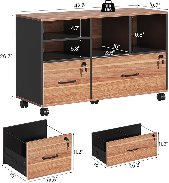 2 Drawer Wood Mobile Large Lateral File Cabinet with Lock, Lockable Rolling Filing Cabinet with Storage Shelves, Printer Stand Office Storage Cabinet for Home Office Fits Files Legal/A4