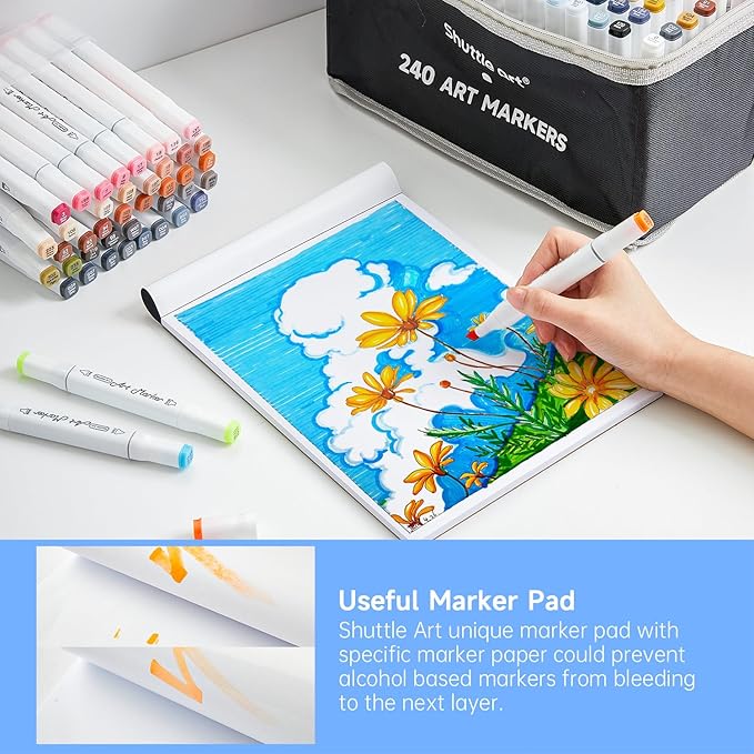 Shuttle Art 240 Colors Alcohol Markers, 239 Colors Dual Tip Art Marker Set Plus Colorless Blender, Micro-tip Pens, White Highlighter Pens, Marker Bag with Holders Perfect for Students Adults Coloring