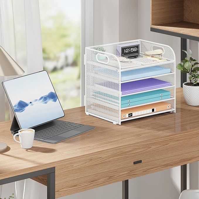 Cawukege 5 Tier Paper Organizer with Handle, Metal Mesh Desk Organizer File Folder Paper Letter Tray Desktop Document Sorter for Classroom, School, Office Accessories Organization and Storage - White