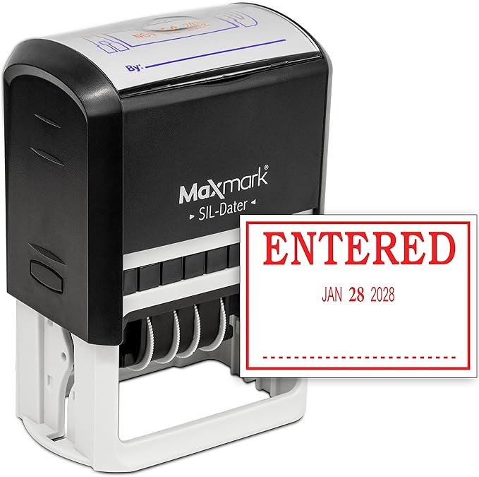 MaxMark Large Self-Inking Rubber Date Office Stamp with Entered Phrase & Date - Red Ink, 12-Year Band - Style 3