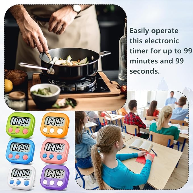 4 Pack Digital Kitchen Timer Magnetic Digital Timer with Big Display Loud Ring Cooking Timers for Cooking, Game, Gym, Break Time, Classroom(4,Pink, Blue, Green, White)