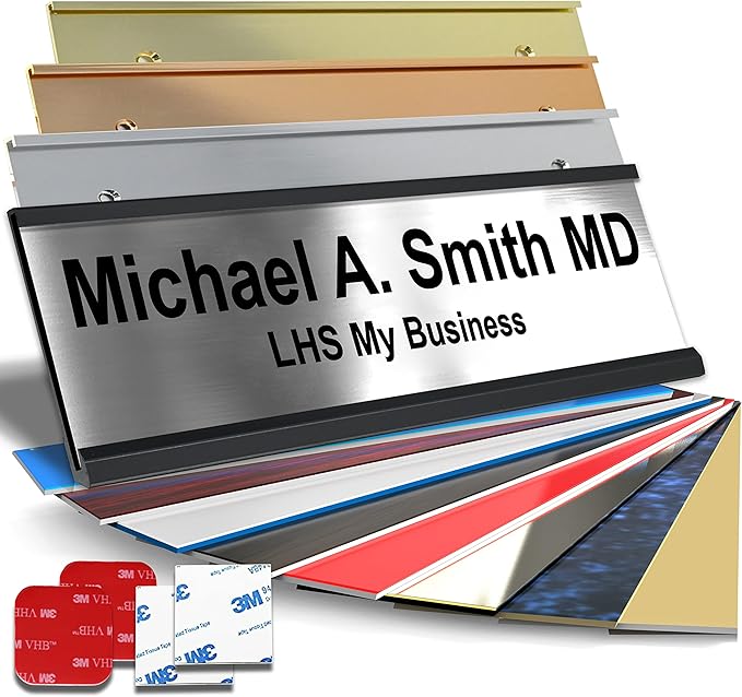 Custom Name Plate with Choice of Mounting for Walls, Doors, Cubicles, Hanging and More - Personalized Brushed Silver Plastic Black Letters - USA Made 2x10 - M1