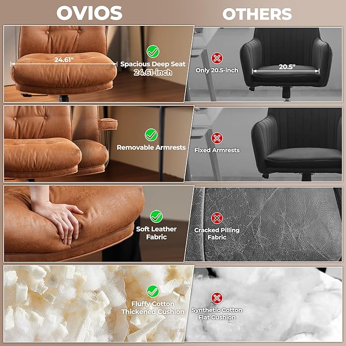 ovios Ergonomic Home Office Chair, Mid-Century Modern Faux Leather Chairs with Thickened Cushions, Comfy High Back Swivel Rolling Executive Computer Armchair (Brown, Suede Leather)