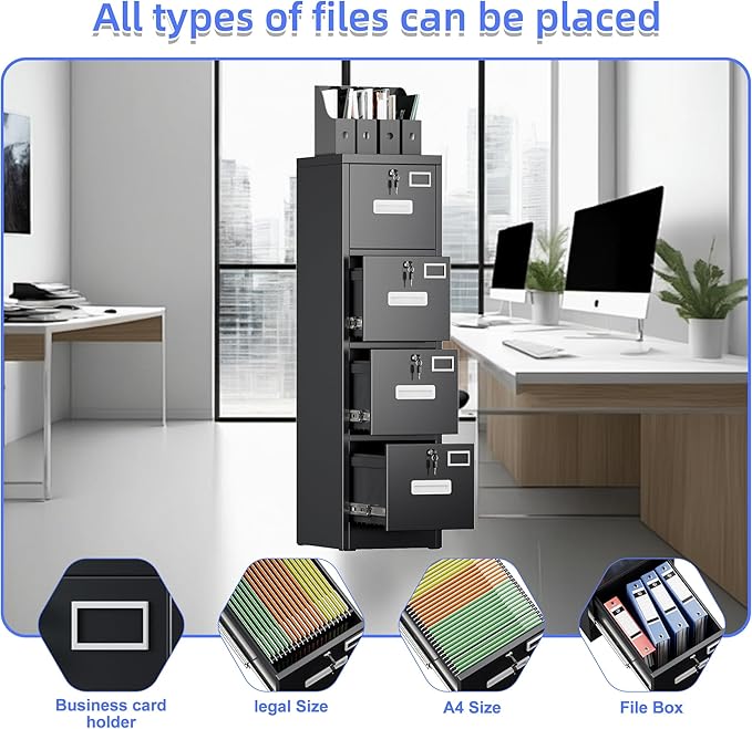 4 Drawer File Cabinet, Metal Vertical Filing Cabinet with 4 Lock,Office Home File Cabinet with Name Card Holder for A4 Letter/Legal Size, 14.96" W x 17.72" D x 55.2" H, Assembly Required(Black)