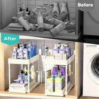 APWNRJA Under Sink Organizers and Storage 2 Pack, Pull-Out Sliding Cabinet Organizer with 2-Tier Storage Shelf & 4 Hooks, Multi-Purpose for Kitchen & Bathroom (13 Inch, White)