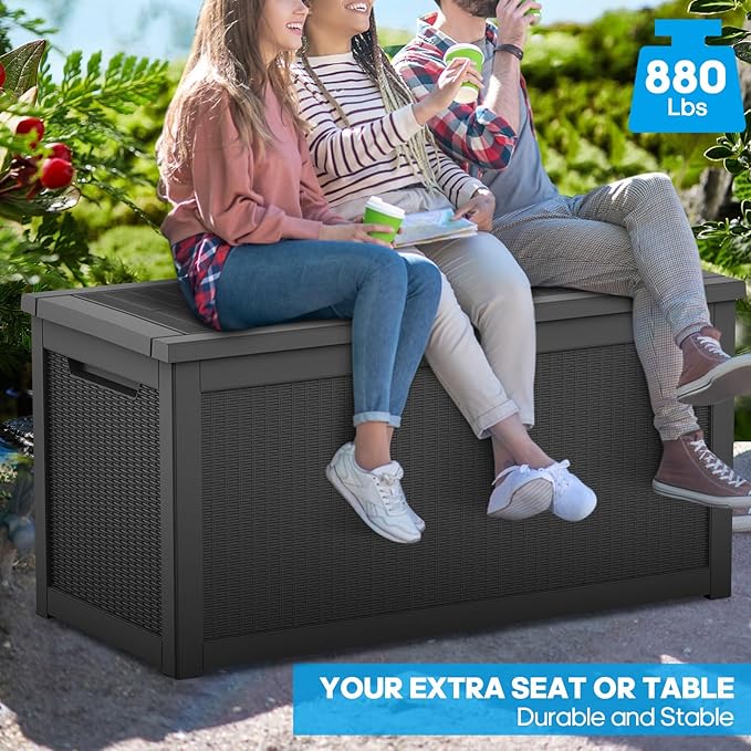 320 Gallon Resin Deck Box, Waterproof Outdoor Storage Bin for Patio Furniture, Pool Accessories, and Garden Tools, Lockable & UV-Resistant, Black