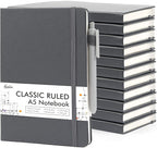 12 Pack Notebooks Journals Bulk with 12 Black Pens, Feela A5 Hardcover Notebook Classic Ruled Journal Set with Pen Holder for School Business Work Travel Writing, 120 GSM, 5.1”x8.3”, Gray