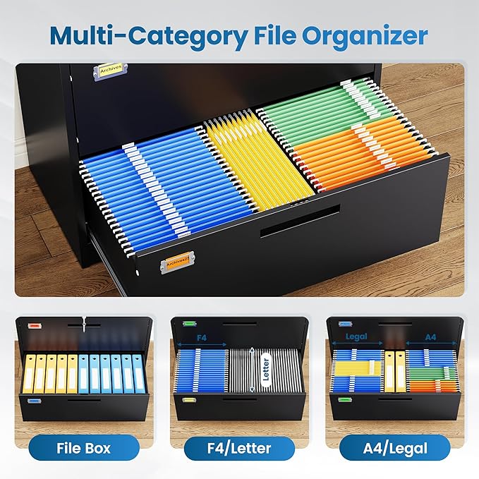 PEUKC 5 Drawer File Cabinet, Lateral Filing Cabinets for Home Office, Office Storage Drawers with Lock, Hanging Files Legal/Letter A4 Size (Assemble Required,Black)