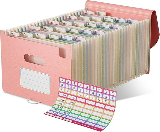 Accordion File Organizer, 26 Pockets Wheat Straw Expanding File Folder, Monthly Bill Receipt Organizer,A-Z Tabs,100% BPA Free,Return to Nature Healthy Living,Letter/A4 Size - Strawberry Pink