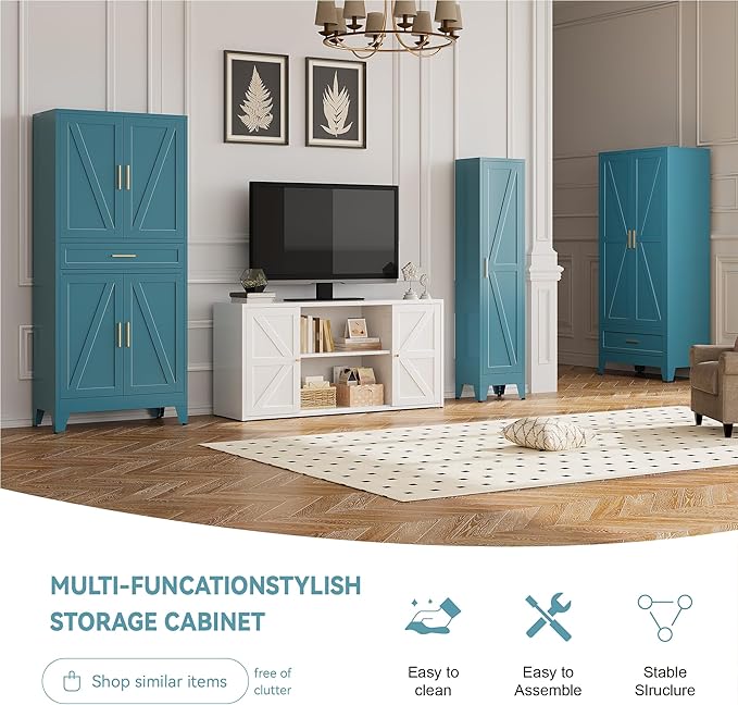 71" Tall Metal Storage Cabinet with Adjustable Shelves,Farmhouse Kitchen Pantry Cabinet with 2 Barn Doors and Drawer,Large Storage Cabinets for Dining Room,Bathroom,Living Room(Blue)