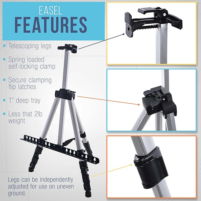 U.S. Art Supply 66" Silver Metal Tripod Easel Display (4 Pack) - Adjustable 18"- 5.5', Holds 36" Canvas - Floor/Tabletop Easel Stand, for Sign Display, Painting, Poster Board, Canvas - Portable Bag