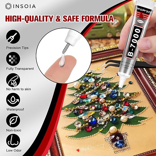 B7000 Rhinestone Glue Clear 15 PCS 15ml – Strong Transparent No Trace Jewelry Glue Kit with Precision Tip, Quick Dry Multi-Purpose Adhesive for Making Nail Makeup Fabric Shoes Craft Phone Repair
