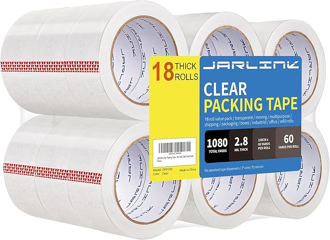 JARLINK Clear Packing Tape (18 Rolls), Heavy Duty Packaging Tape for Shipping Packaging Moving Sealing, Stronger & Thicker 2.8mil, 2 inches Wide, 60 Yards Per Roll, 1080 Total Yards