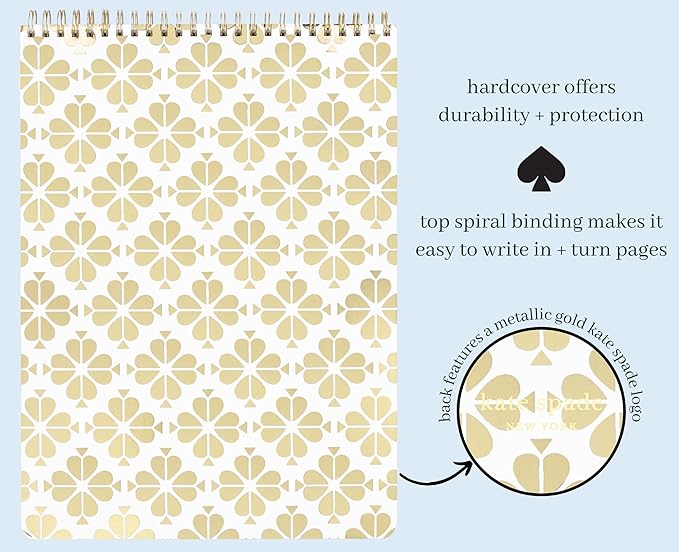 Kate Spade New York Large Top Spiral Notebook with 160 Lined Pages College Ruled, 11" x 8.5" Blank Hardcover Journal, Gold Spade Floral