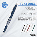 DISCOUNT PROMOS Custom Langham Ballpoint Pens Set of 100, Personalized Bulk Pack - Black Ink, Great for Office, School, Business, Tradeshows - Navy Blue