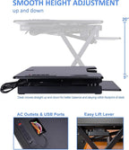 Rocelco 46" Height Adjustable Standing Desk Converter with AC USB Charger and Double Monitor Mount Arm - Sit Stand Up Triple Screen Riser Workstation - Keyboard Tray - Black (R DADRB-46-ACUSB-DM2)