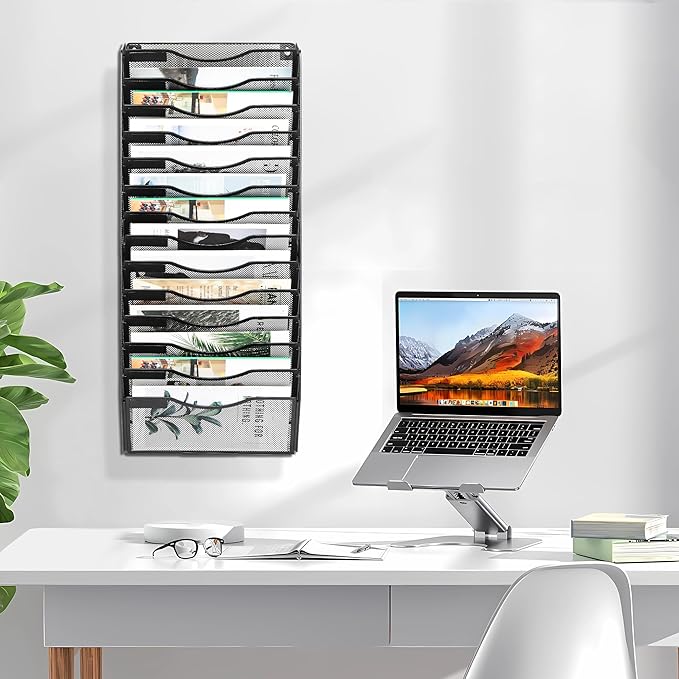 EasyPAG Wall File Organizer for Office 14 Pocket Mesh Wall Mounted Paper Organizer Hanging Folder Holder with Nametag Label for Home School, Black