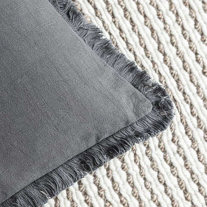 Foindtower Set of 2 Decorative Linen Fringe Throw Pillow Covers Cozy Boho Farmhouse Cushion Cover with Tassels Soft Accent Pillowcase for Couch Chair Sofa Bed Living Room Home Decor,18×18 Inch,Gray
