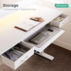 AODK Electric Standing Desk with Drawers & Keyboard Tray, 47 Inch Height Adjustable Small Gaming Desk with Power Outlets & LED Lights, Sit Stand Table with Monitor Stand for Home, Office, White