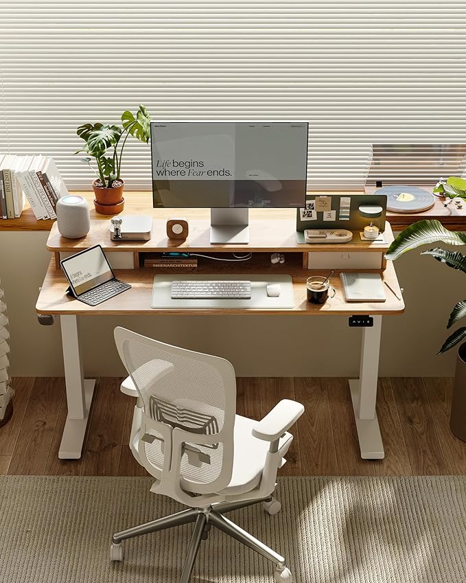 FEZIBO 60 x 24 Inch Height Adjustable Electric Standing Desk with Double Drawer, Stand up Home Office Computer Desk with 4 Height-Adjustable Feets & 2 Hooks, Maple