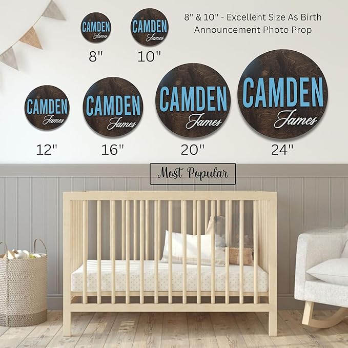 Custom Round Nusery Name Sign, Personalized 3D Baby Name Announcement Sign, Personalized Wooden Wall Plaque, 3D Wall Art for Children & Kids Rooms, Family Name Signs, 30 Colors (Design 4)