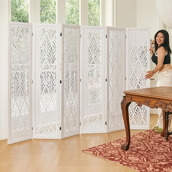 5.6Ft Room Divider Folding Wood Simple Carved Partition Screen for Home Office Garden - 6 Panels (White)