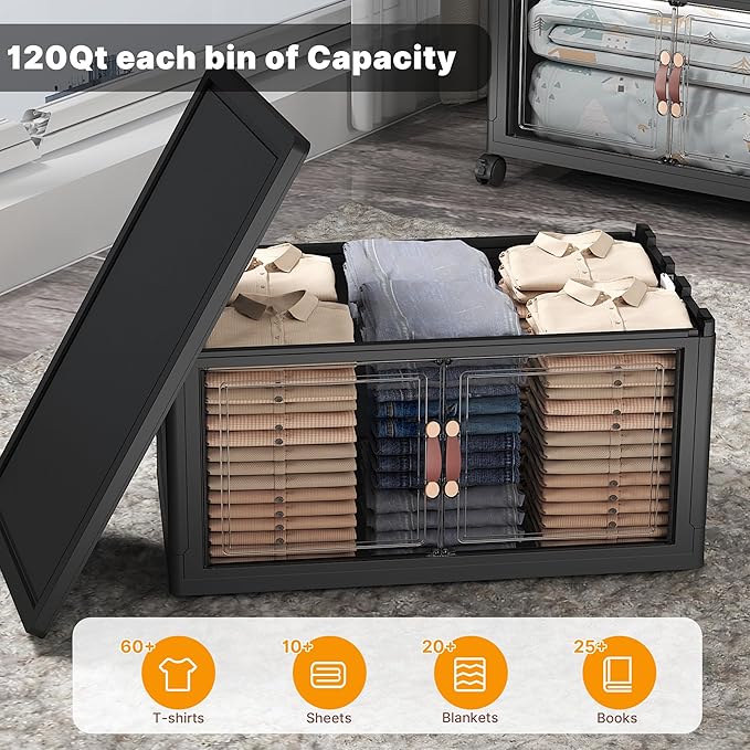UAMFURI Extra Large Stackable Storage Bins with Lids & Wheels & Door, 672QT-112QT/28GAL*6Pack Foldable Collapsible Closet Organizers, Plastic containers drawers for bedroom Dorm