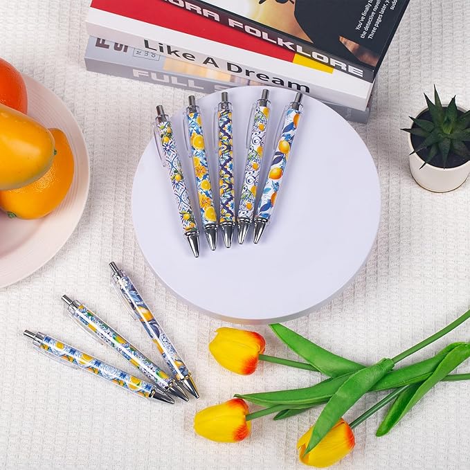 Capri Lemon Pens Set – Mediterranean-Inspired Ballpoint Pens for Girls, Students, and Stationery Lovers – Smooth Writing Pens for School, Journaling, or Gifts – Bright and Elegant Design, 8 Pack