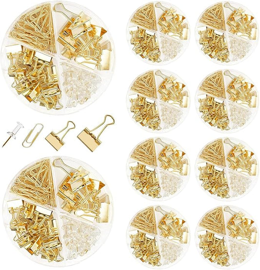 10 Pack, Gold Paper Clips and Binder Clips Set, Metal Assorted Sized Binders with Push Pins, Cute Gold Office Supplies for Desk, Desk Accessories