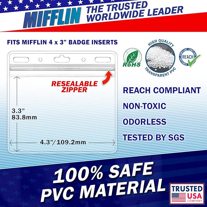 Mifflin-USA Horizontal Card Protector with Metal Clip and Vinyl Straps (Clear, 4x3 Inch, 250 Pack), Waterproof PVC ID Name Badge Holder with Clip