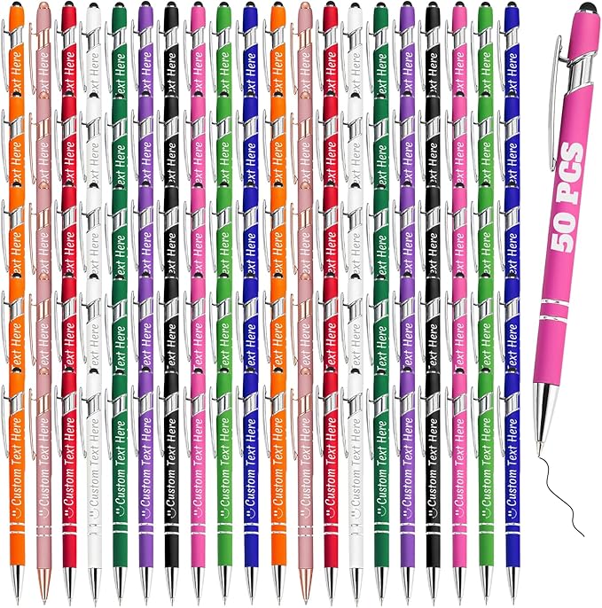 Personalized Pens Bulk 50 with Name Custom Engraving Ballpoint Pens with Stylus Tip Customized Smooth Writing Pens Personalized Gifts for Anniversary Birthday or Graduation(Assorted,Black Ink)
