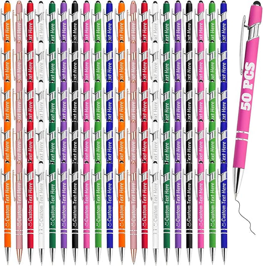 Personalized Pens Bulk 50 with Name Custom Engraving Ballpoint Pens with Stylus Tip Customized Smooth Writing Pens Personalized Gifts for Anniversary Birthday or Graduation(Assorted,Black Ink)