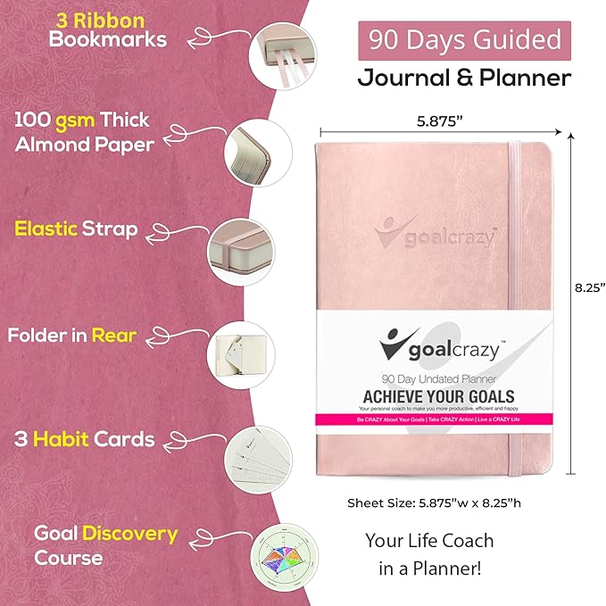 Undated Daily Planner to Achieve Your Goals 2025-2026 - 90 Day Guided Journal & Productivity Organizer with Goal Setting, Habit Tracker, To Do List, Academic & Work Calendar, Leather Hardcover - Rose Gold